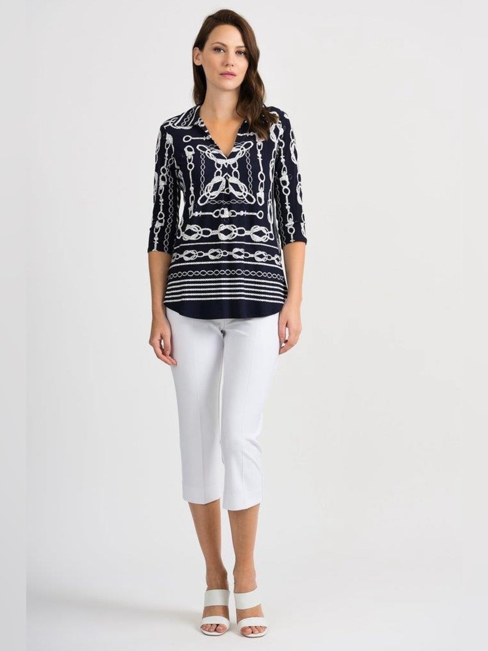 Joseph Ribkoff Blouse Style 201089 V-Neck Nautical Pattern